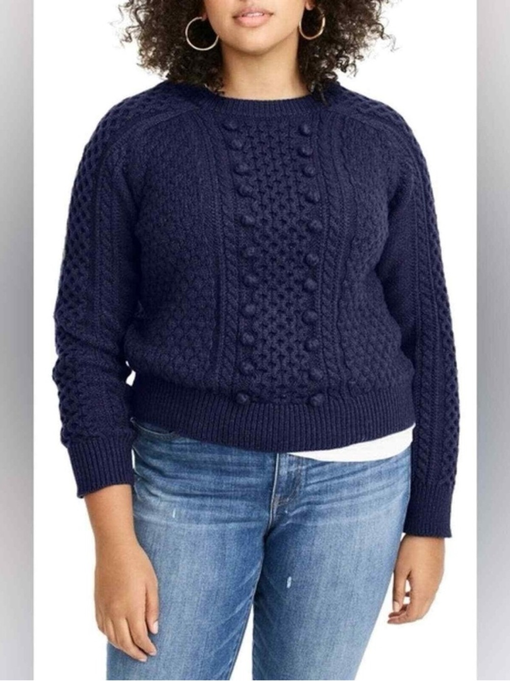 J. Crew Popcorn Cable Knit Crewneck Sweater | Navy Blue | XS